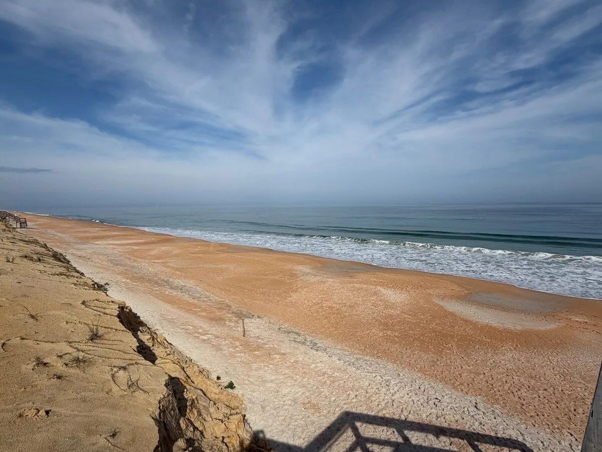 The wide, uncrowded Flagler Beach shoreline stretching into the distance beside the eroded dunes