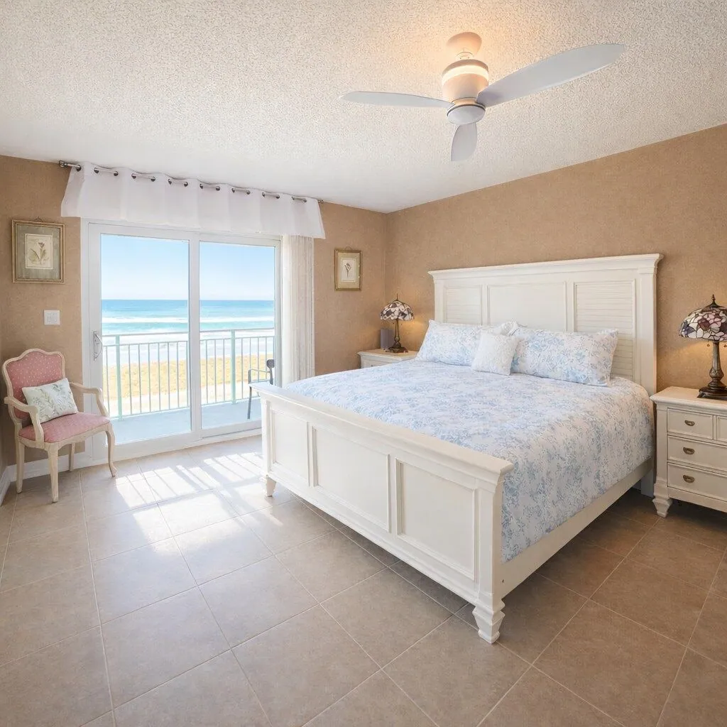 Master suite with a king bed in white coastal furniture and sliding doors opening onto the private oceanfront balcony